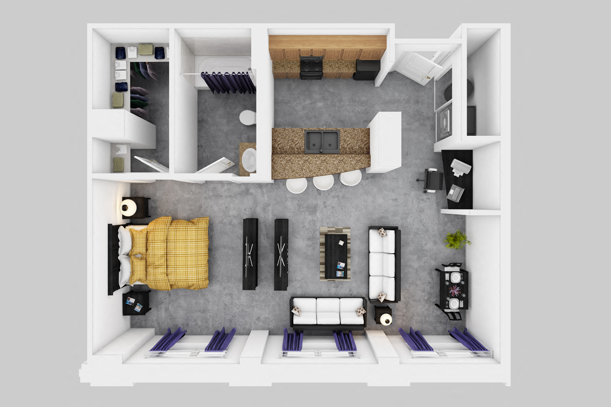 Floor plan for studio, 1 bath, 585 sqft